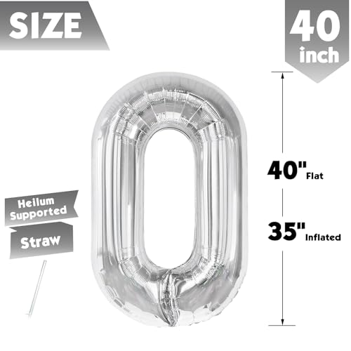Image of 40 Inch Silver Number 0 Balloon Birthday Party Decorations for Men & Women | 40 Inch Silver inflatable foil number balloons, large birthday decorations for 0th birthday