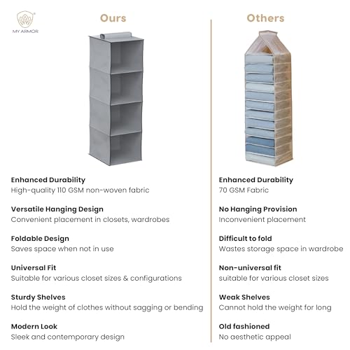 Image of MY ARMOR Hanging Shelf Cloth Storage Organizer, Universal Fit Hanging Closet Organizer for Wardrobe, 10 x 12 x 35 Inches (Grey, 4 Tier Shelf Pack of 2)