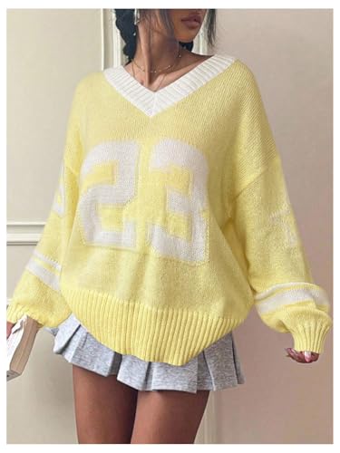 Image of Women's Y2K Sweater Oversized Sweaters Long Sleeve V Neck Pullover Jumper Knit Top