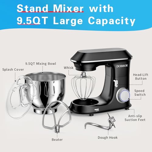 DOBBOR-Electric-Stand-mixer-95QT-660W-7-Speeds-Tilt-Head-Dough-Mixers-Bread-Mixer-with-Dough-Hook-Whisk-Beater-Splash-Guard-for-Baking-Bread-Cake-Cookie-Pizza-Muffin-Salad-and-More-Black
