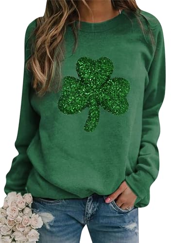 Image of Womens St. Patrick Day Lucky Clover Sweatershirt Crew Neck Long Sleeve Blouse Graphics Tie Dye Pullover