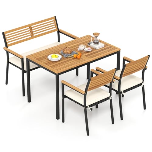 COSTWAY Conjunto Jardín Exterior de 4 Piezas, Madera Acacia, Muebles de Comedor con Mesa, 2 Sillas, Sofá de 2 Plazas，Mesa y Sillas Jardin Patio Terraza Balcon