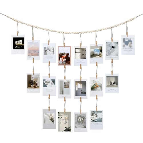 FrostyFlair Fotowand, colgador de fotos con 28 clips, guirnalda de fotos con cuentas de madera, decoración Boho, cortina de fotos para habitación, decoraciones navideñas
