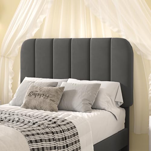 Image of VECELO Twin Size Bed Frame with Upholstered Headboard, Velvet Platform Bedframe Mattress Foundation, Strong Wood Slat Support, No Box Spring Needed,Grey