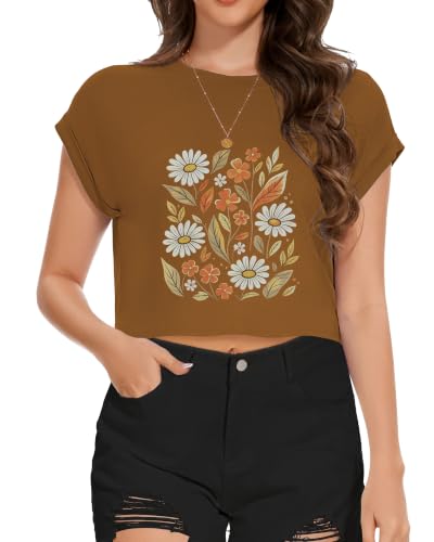 Image of Womens Crop Tops Summer Roll Cap Sleeve Cropped Tshirt Loose Fit Basic Tees