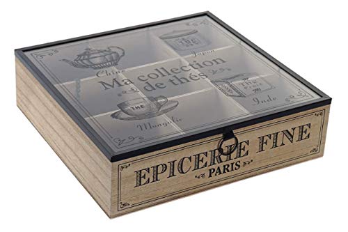 Takestopu00ae - Caja de madera con tapa de cristal para infusiones, bolsitas de The Te' Bachheca con 9 compartimentos, 24 x 24 x 7 cm, caja de tisanas, filtros portaobjetos, casa, cocina