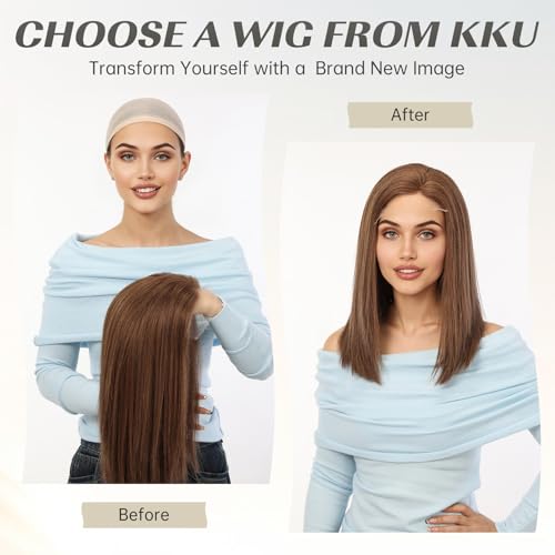 Image of KKU 16 Inch Human Hair Wig Real Hair Wigs for Women C Side Lace Wig Perfect Style for Any Occasion Brown