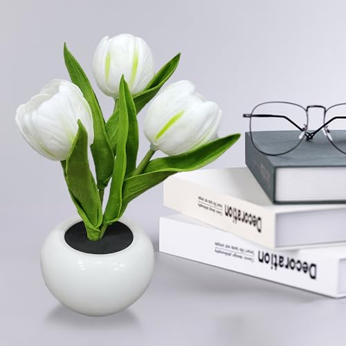 Buachois Luci a lampada del tulipano, 3 teste Led luce notturna del tulipano con il vaso di ceramica, ornamento fiore in vaso di luce ambientale per la camera da letto lampada da comodino (Bianco)