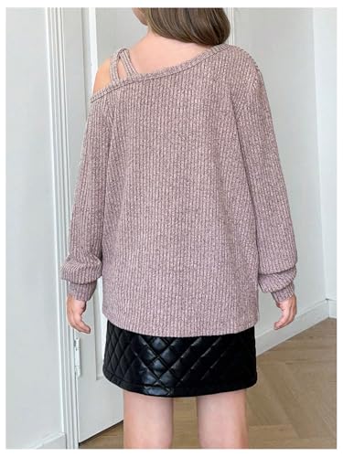 SweatyRocks Girl's Long Sleeve Cut Out Cold Shoulder Tee Shirt Loose Ribbed Fall Pullover Tops2