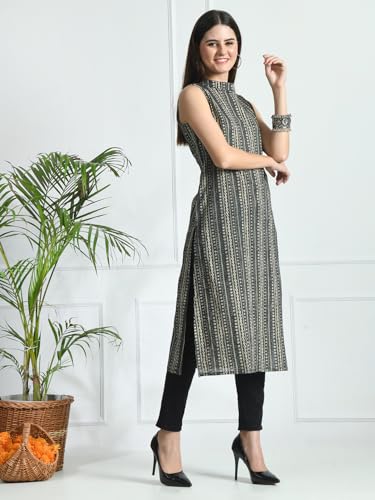 Image of feranoid Unique Printed Choker Neck Back Button Sleeveless Long Kurti