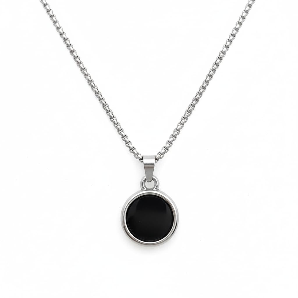 Black Stone Circle Pendant with Stainless Steel Rolo Chain Necklace for Men - Anti Tarnish-image-9