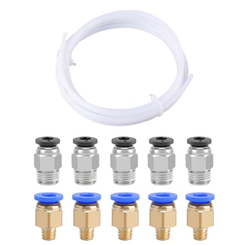 QitinDasen 2 Meters 3D Printer PTFE Teflon Tube, with 5 Pieces PC4-M6 Pneumatic Connector, 5 Pieces PC4-M10 Pneumatic Co