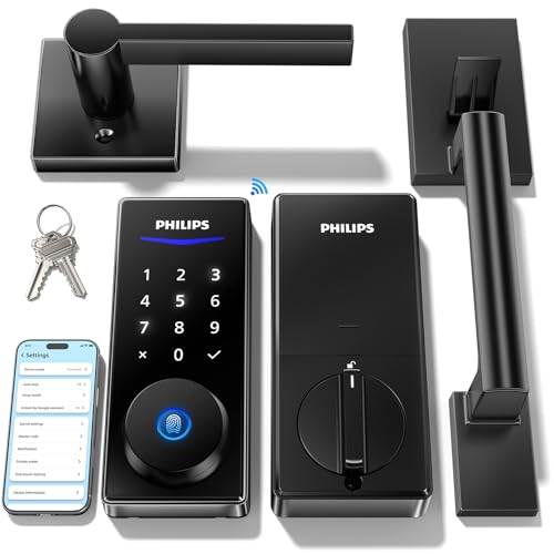 Image of Philips Wi-Fi Smart Lock with Handle, WiFi Keyless Entry Keypad Door Lock with Handle, Front Door Deadbolt Set, Fingerprint Unlock, PIN Code Unlock, Auto Locking, App Remote Control, Bulit in WiFi