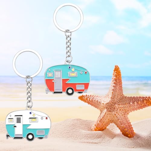 Image of Thinp 2 Pieces Camper Keychain, RV Camper Keyring Accessories for Travel Trailers Enameled Metal Retro Camping Car Keychain
