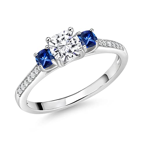 Gem Stone King 925 Sterling Silver Cushion White Moissanite and Blue Created Sapphire 3 Stone Engagement Ring For Women (0.96 Cttw, Gemstone Birthstone, Available In Size 5, 6, 7, 8, 9)