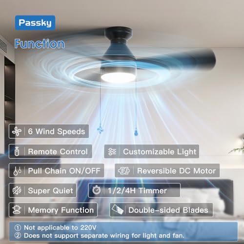 Image of Passky 42 Inch Black Low Profile Ceiling Fan with Light, Pull Chain&Remote | Flush mount, pull chain, remote, 3-color dimmable light, quiet reversible DC motor, easy install, memory, timer, bedrooms