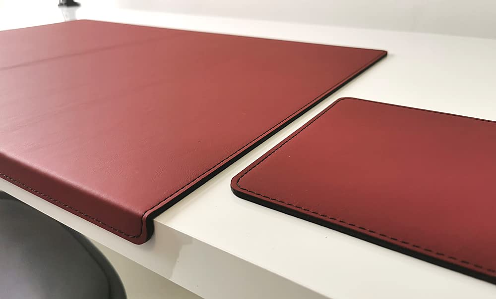 Gewinkelte Schreibtischunterlage mit Kantenschutz +Mauspad Echt Leder Rindsleder 70cm x 48cm Bordeaux Weinrot