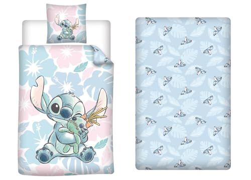 Aymax Parure de Lit 3 Pièces Stitch, Housse de Couette Réversible 140x200 cm + Drap-Housse 90x200 cm + Taie d'oreiller 65x65 cm, Polycoton