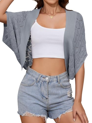 grewley Women's Summer Lightweight Cropped Cardigans Crochet Batwing Cardigan Boho Bolero Shrug for Dress Open Dress Cover Up Grey L