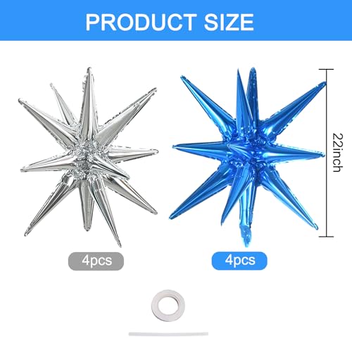 Image of TONIFUL 8 Pcs Blue and Silver Explosion Star Foil Balloon Party Decoration | 22 Inch Large Mylar Star Balloon for New Year Christmas Winter Wedding Baby Shower 30th 40th Men's Birthday Party Decor