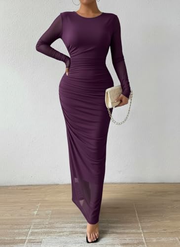 Image of LIGHT DOT Women's Printed Bodycon Maxi Dress Long Sleeve Tie Dye Mesh Ruched Cocktail Dress