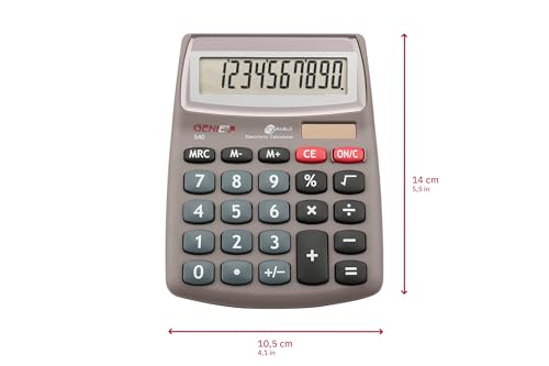 GENIE 540 Tischrechner – 10-stelliges großes Display, Dual-Power Solar & Batterie, kompakter Taschenrechner für Büro, Schule & Home Office, leicht bedienbar, grau
