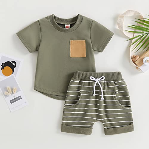 Allshope Toddler Baby Boy Clothes Set Short Sleeve Solid Color T Shirt Top With Stripe Print Shorts Cute Infant Boy Summer Outfit #TOP1