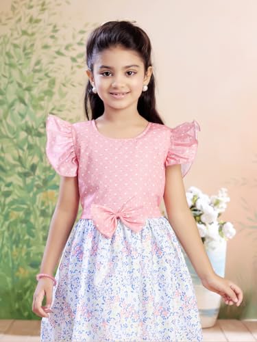 Image of Aarika Girls Casual Wear Firozi Colour Polka DotFloral Print Cotton Blend Frock