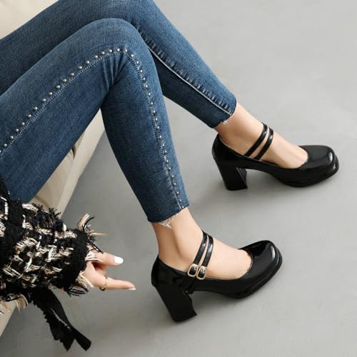 Alsoloveu Women's Platform Mary Jane Shoes Two Strap Round Toe Chunky Block Heels Pumps for Office Party Wedding4