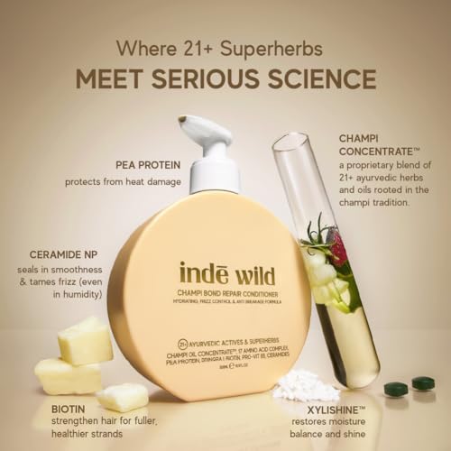 Image of indē wild Champi Hair Conditioner For Bond Repair With 17 Amino Acid Complex | Hydrating, Controls Frizz & Breakage | Amla, Coconut Oil, Bhringraj & Biotin | 300ml