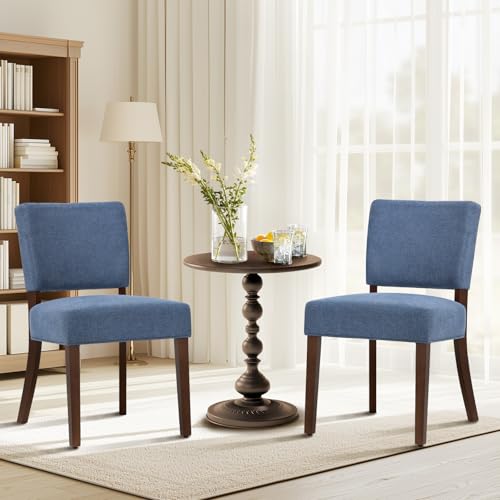 Image of COLAMY Mid Century Modern Dining Chairs Set of 2, Upholstered Kitchen Chairs with Open Back, Farmhouse Fabric Side Dining Room Chairs with Wood Legs for Dining Room Kitchen Restaurant, Blue