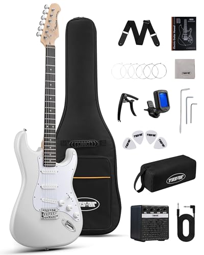 Tostar 39' Full Size Electric Guitar Kit For Beginners and Adults, SSS Pickup Guitarra Electrica Set Includes Tremolo Bridge, Lightweight Matte Finish, Amp, Strings, Gig Bag, Birthday Gifts, White