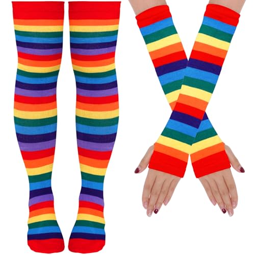 Striped Thigh High Socks and Arm Warmers Set, Fingerless Gloves Knee High Sockings Clown Socks Leg Warmers for Women (Red, one size)