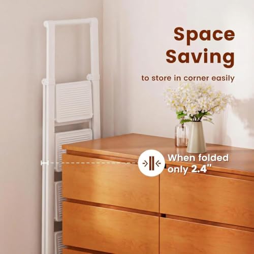 Image of 4 Step Ladder Folding Step Stool Stepladders with Anti-Slip and Wide Pedal for Home and Kitchen Use Space Saving (White)