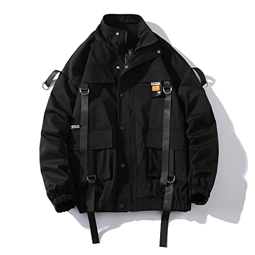 Image of GURUNVANI Men's Techwear Jacket with D-ring Straps | unisex, multi pockets, cyberpunk style, streetwear, webbing straps, full zip up closure, windproof outerwear for men