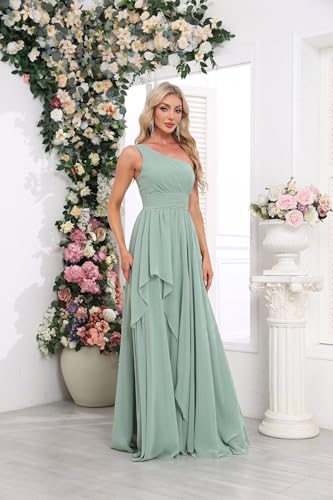 Women's One Shoulder Bridesmaid Dresses Long Ruched Chiffon A Line Formal Party Dress with Pockets4