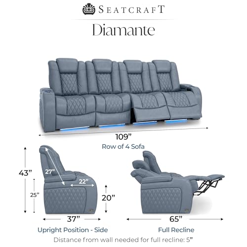 Image of Seatcraft Diamante Smokey Blue Italian Leather Home Theater Seating, Zero Gravity Power Recliner, Gaming and Home Office Chair, Powered Headrest Furniture for Family Cinema Room, Row of 4 Sofa