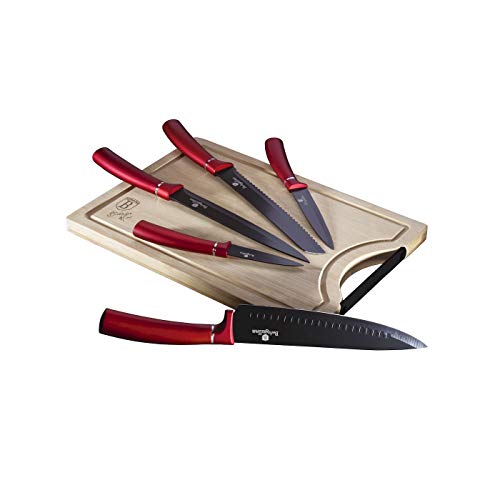 Berlinger Haus Burgundy Set de 5 Couteaux de Cuisine Professionnels, Planche à Découper en Bambou, Lame en Acier Inoxydable, Revêtement Antiadhésif, Couteau de Chef, Pain, Design Metallic Line Cover