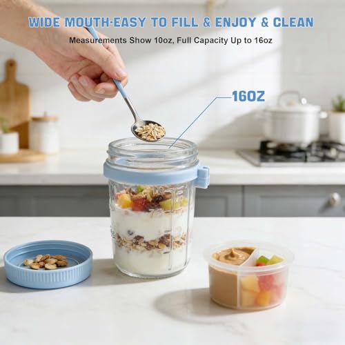 Image of 4 Pack Overnight Oats Containers with Lids and Spoons - 16 oz Glass Mason Jars with Dressing Cup, Over night Oat Jars for Meal Prep, Yogurt Parfait Cup for Chia Seed Salad (Blue)