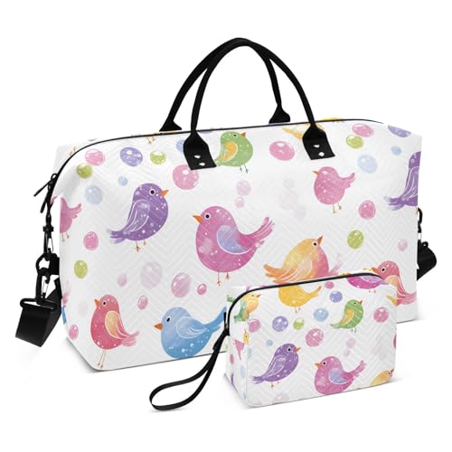 Bird Travel Gym Bag, Colorful Birds White Background Weekender Overnight Duffle for Women with Toiletry Bag Travel Swim
