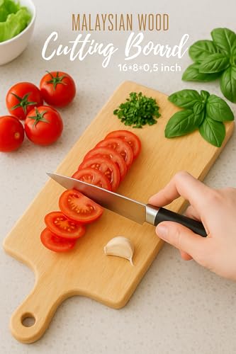 Image of Wood Chop Malaysian Wood Cutting Board |Handcrafted | 16 x 8 x 0.5 Inch | Non-Slip Durable Board | Vegetables, Fruits, Meat, Cheese & Meal Prep | Natural Finish