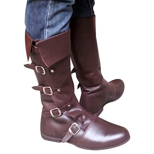 Image of AnNafi 5 Buckle Medieval Leather Boots | Renaissance Inspired Loafer Boot | Halloween Caribbean Pirate Costume Boots | Cowboy Boots (Large, Black