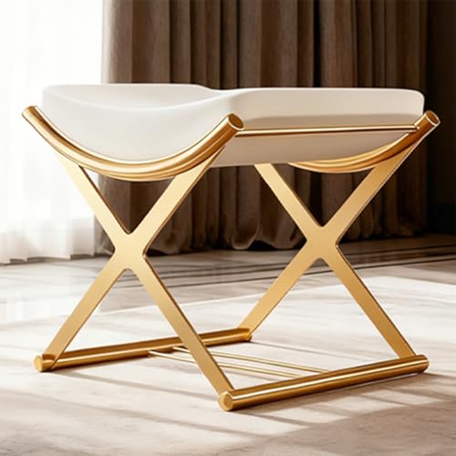 BTUASSDY Makeup Vanity Bench Chair - Small Backless Leather Stool - Modern Footstool with Metal X-Legs, Bathroom and Living Room Footstool - GoldOff-White PU Leather Seat