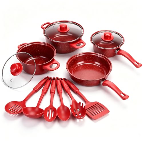Non-Stick Cookware Set 13 Piece Set Portable Lightweight Cast Iron Pots and Pans with Glass Lids and Nylon Utensils for Outdoor Camping Picnic Travel Cookware Red