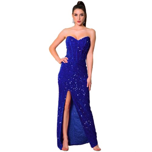 Image of Velvet Sequin Formal Women's Evening Dress Strapless Front Split Prom Gown