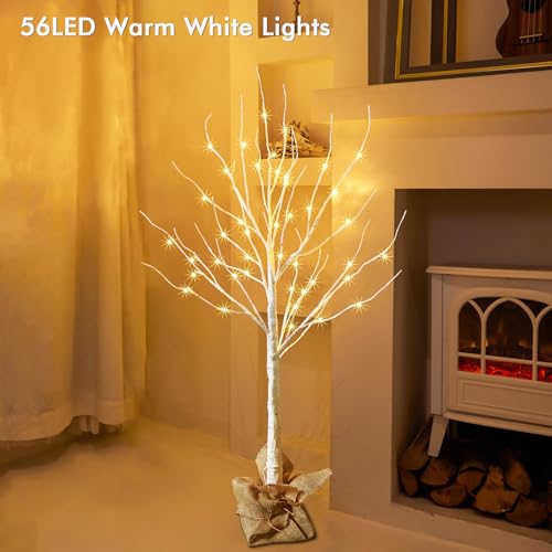 HOLILLUMA Lighted Brich Tree, 4FT 56 LED Christmas Tree with Burlap Decor, Warm White, IP44 Waterproof, Power Supply by Adaptor, Fireplace Party Wedding Halloween Christmas New Year Decoration