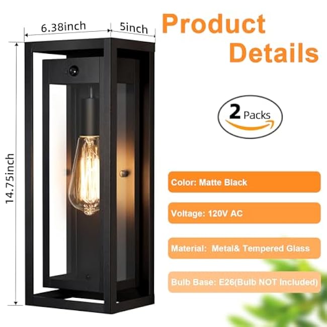 15 Motion Sensor Outdoor Wall Lights, 2 Pack Large Dusk to Dawn Outdoor Lights, 3 Lighting Modes Waterproof Anti-Rust Wall Sconces, Exterior Lighting Fixtures for Front Door, Porch, Garage