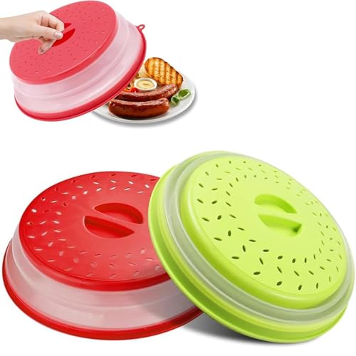 2Pack Collapsible Microwave Food Cover Splatter Guard Vented Microwave Lid for Food BPA Free TPR Dishwasher Safe (Red+Green)
