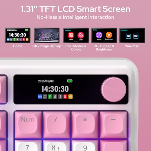 Image of Redragon K762 Wireless Gasket Gaming Keyboard w /Hype Screen & Knob, 104 Keys Mechanical Keyboard, Easy-Control 1.14'' TFT Info Display, 5-Layer Noise Dampening, Round PBT Keycaps, Custom Linear Switch