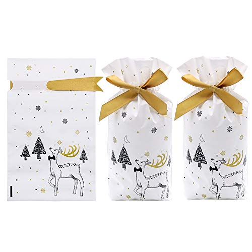 Get Special Price HRX Package 50pcs Plastic Treat Bags with Bows, Drawstring Gift Bags Candy Bags Party Favor Bags for Christmas Goodies Cookies (5.8x9.3x2.4 inch)